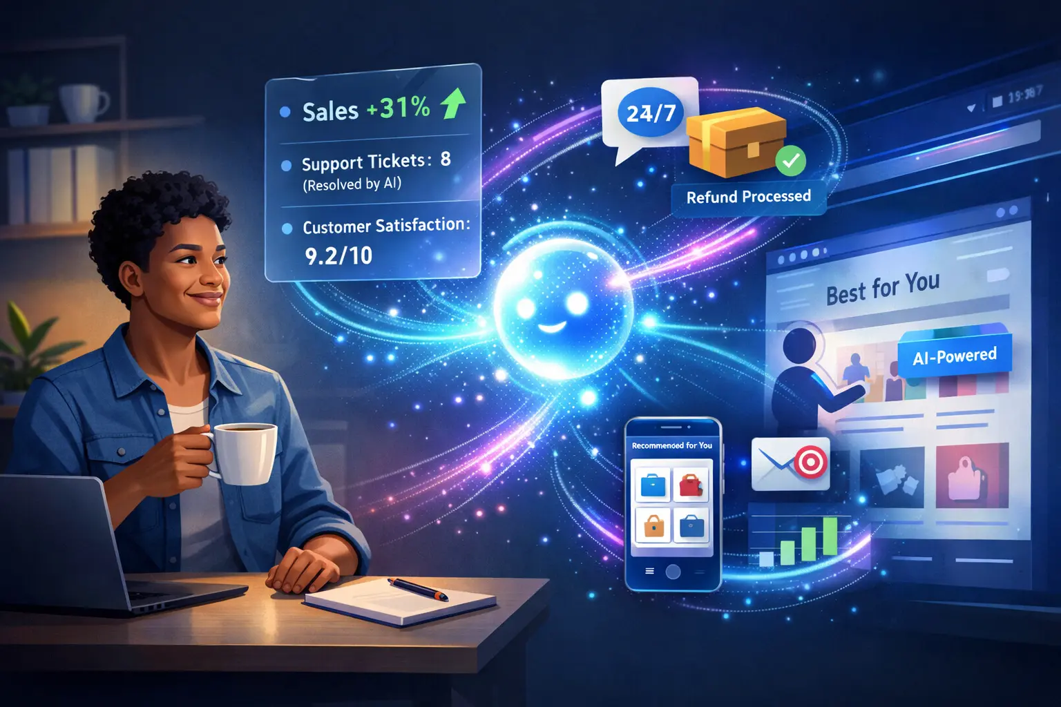This image illustrates how an AI-powered website works for small businesses — showing real-time sales growth (+31%), AI-resolved support tickets, 24/7 refund processing, and personalized product recommendations powered by AI agents.