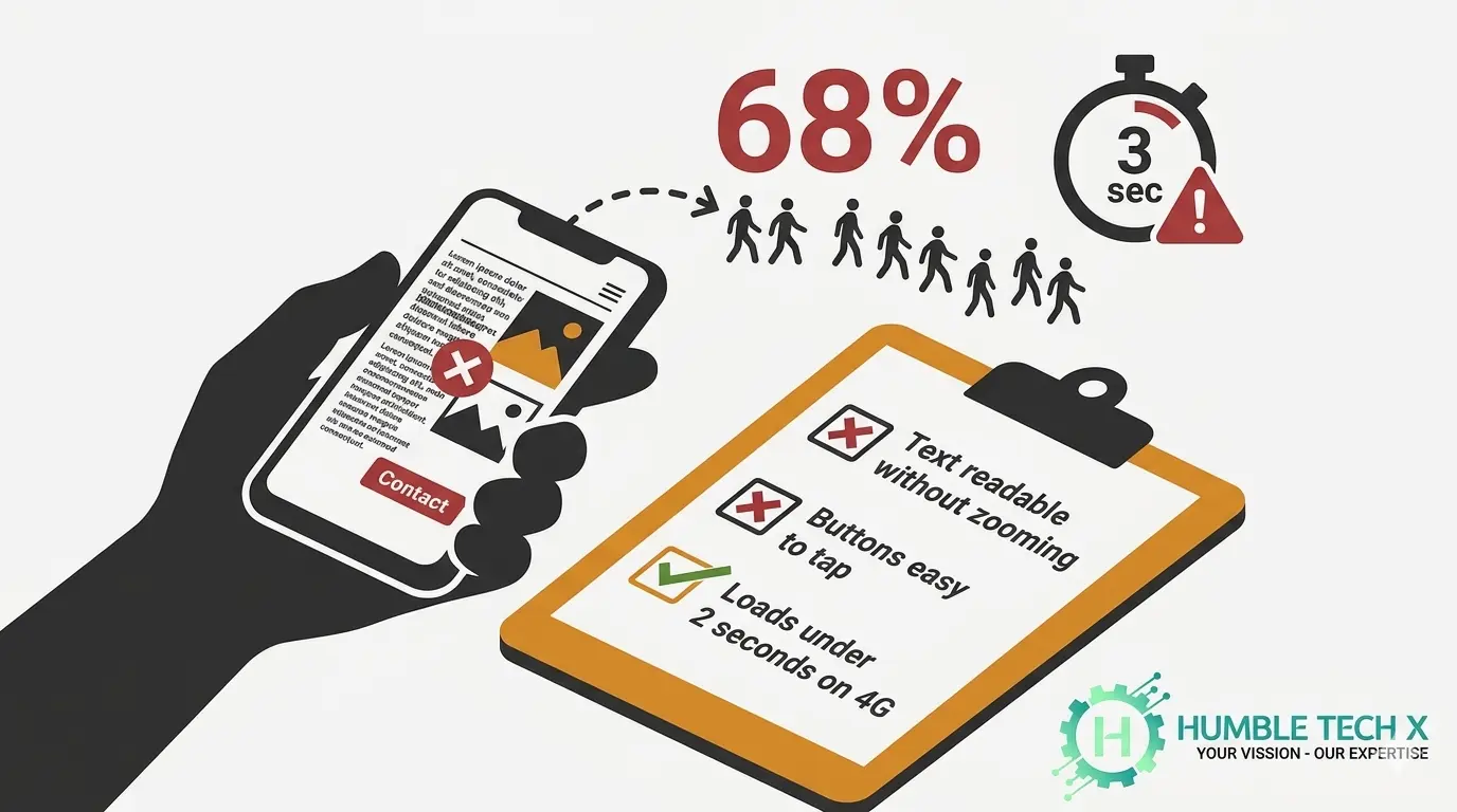 Mobile website stats infographic: 68% of users leave if buttons are hard to tap, 3 seconds max load time on 4G, text readable without zooming – Humbletechx mobile fix