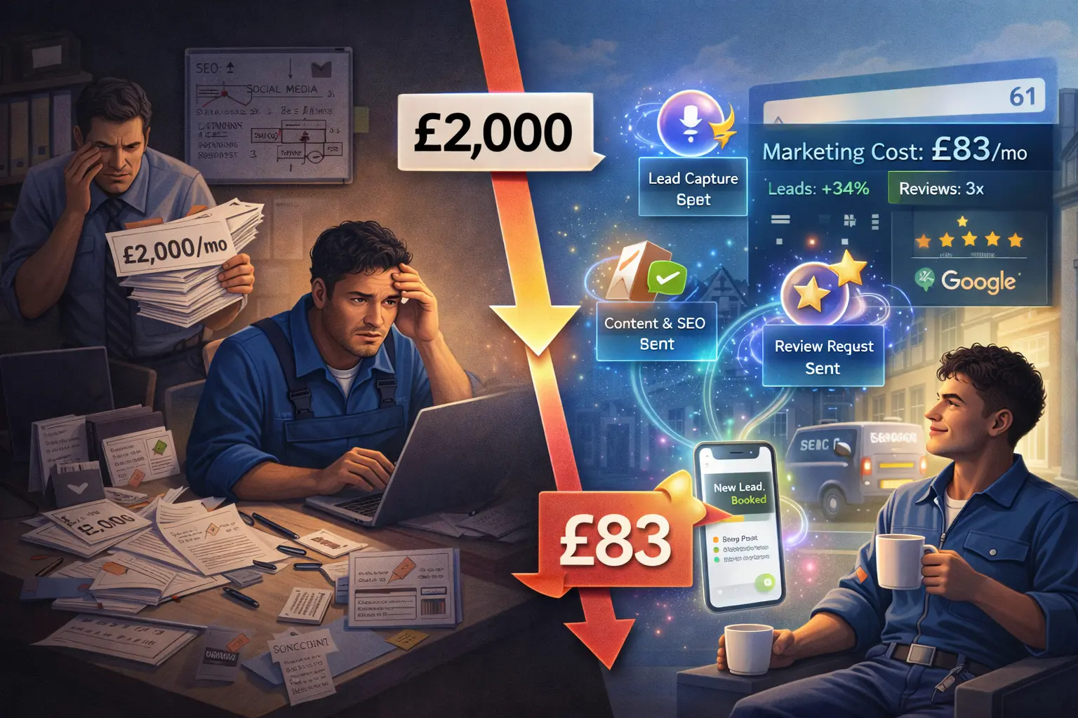 AI marketing automation flow: lead capture, content publishing, review requests, and results showing 34% more leads and 90% lower cost for a UK plumber