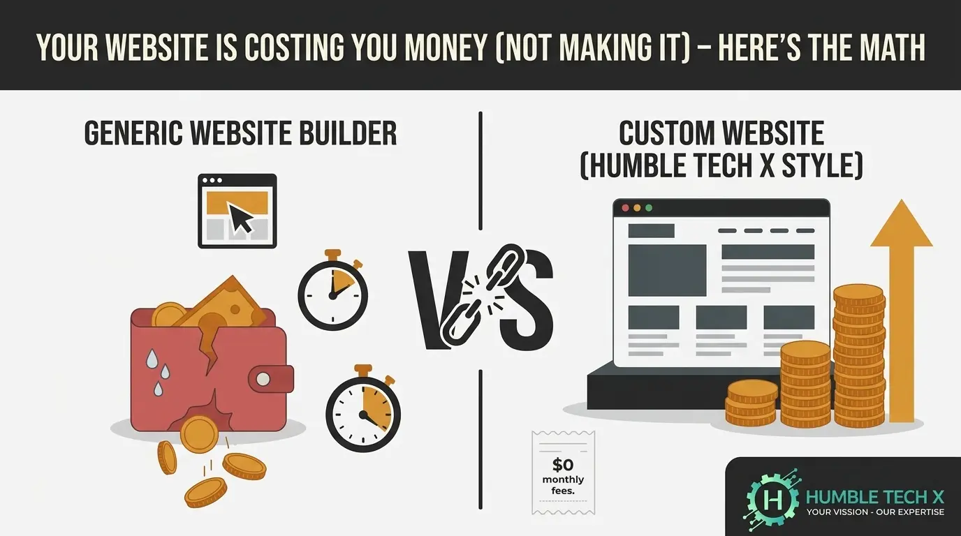 Comparison: generic website builder vs Humble Tech X custom site – builder has monthly fees, custom site has $0 monthly fees and full ownership