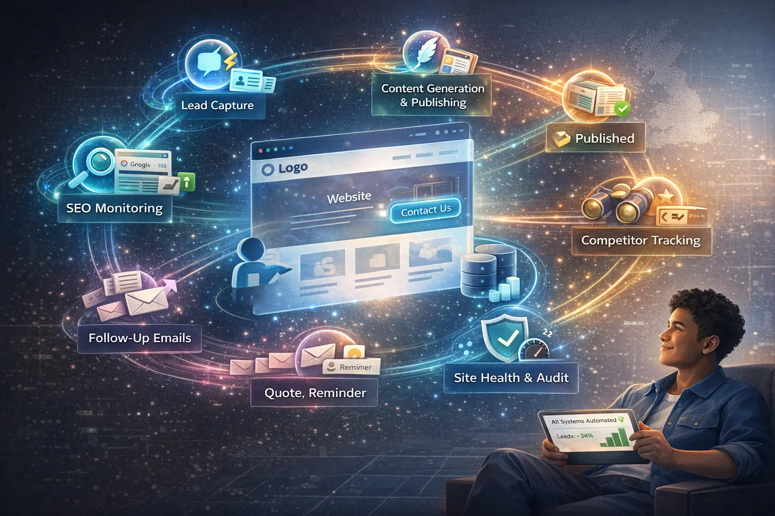 Diagram of six AI agents automating a website: lead capture, content generation & publishing, SEO monitoring, competitor tracking, follow‑up emails, and site health & audit