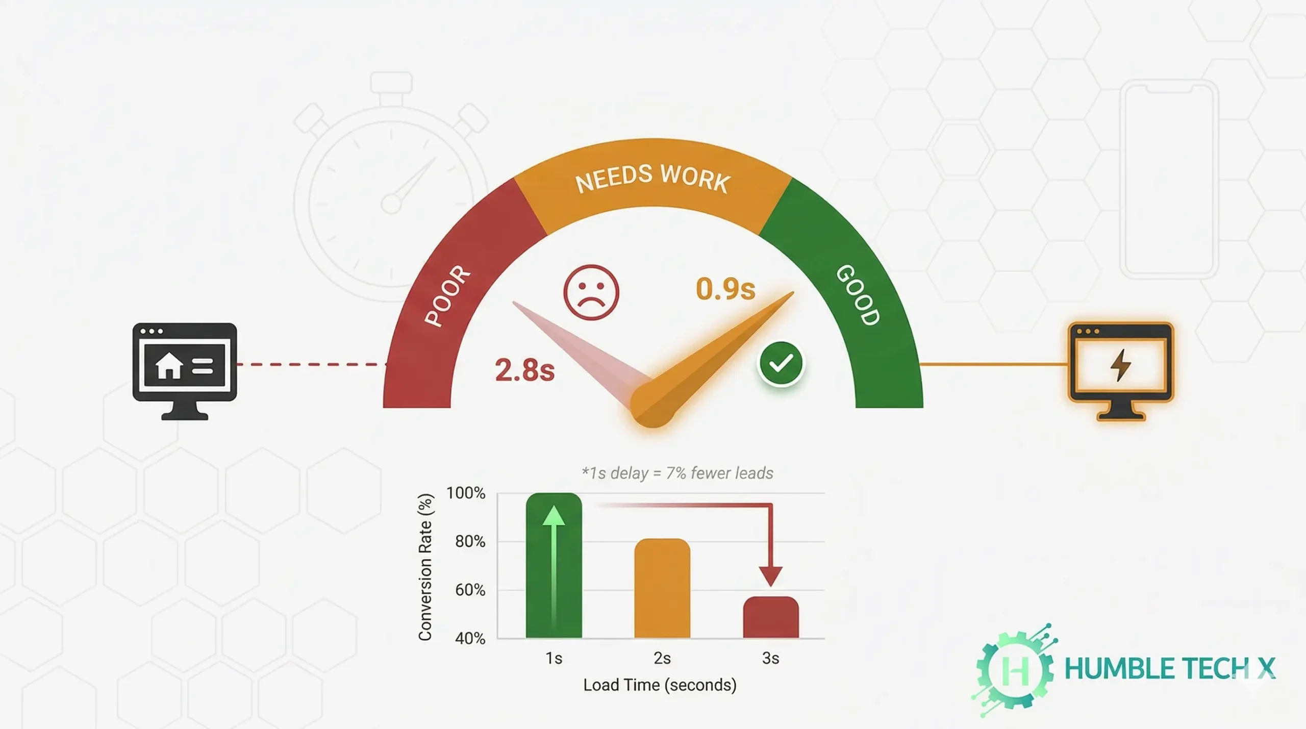 Core Web Vitals 2026 infographic – site speed as ranking multiplier, LCP INP CLS metrics, speed to lead calculator