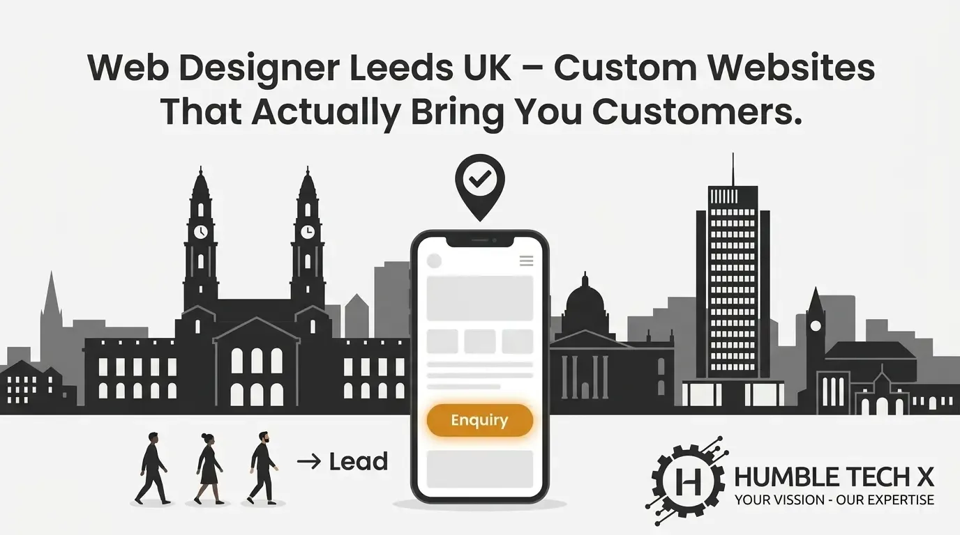 Web designer Leeds UK infographic showing enquiry turning into lead – custom websites that bring customers, HumbleTechX