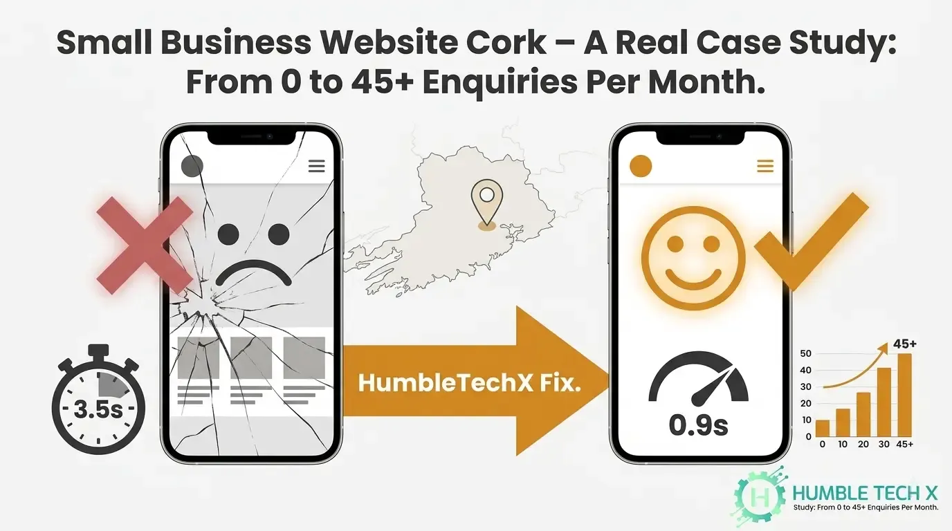 Case study infographic: small business website Cork from 0 to 45+ enquiries per month, load time 0.9 seconds, HumbleTechX fix