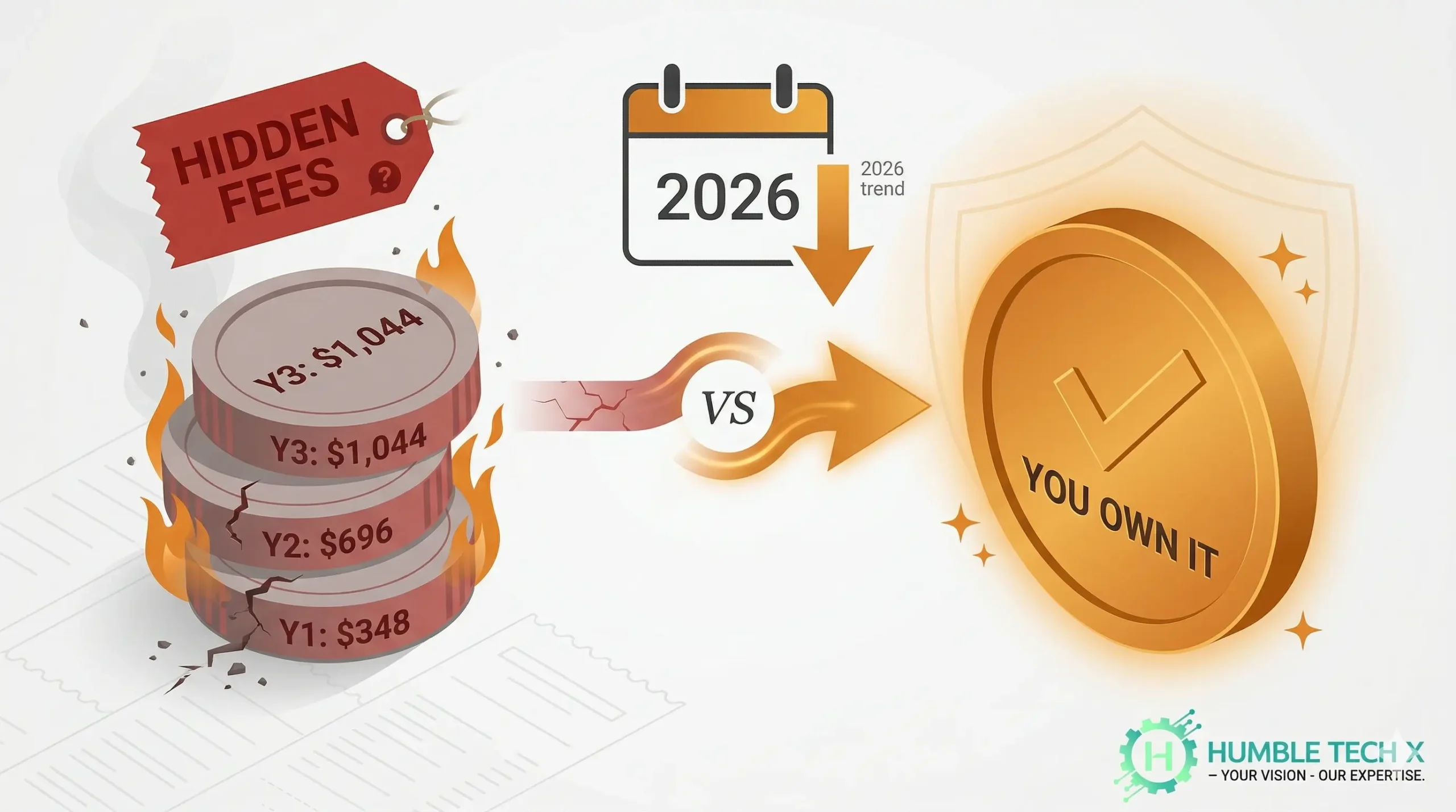 Website subscription trap infographic – 3‑year TCO comparison showing builder costs $2,144+ vs custom $1,995 one‑time with full ownership