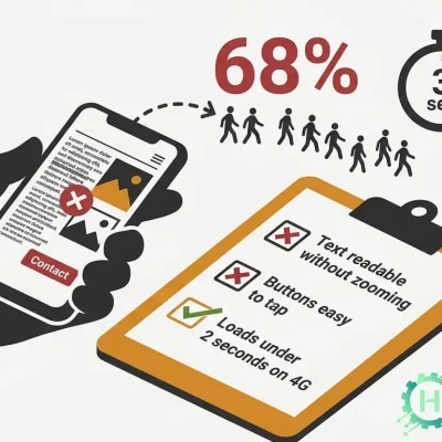 Mobile website stats infographic: 68% of users leave if buttons are hard to tap, 3 seconds max load time on 4G, text readable without zooming – Humbletechx mobile fix