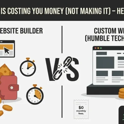 Comparison: generic website builder vs Humble Tech X custom site – builder has monthly fees, custom site has $0 monthly fees and full ownership
