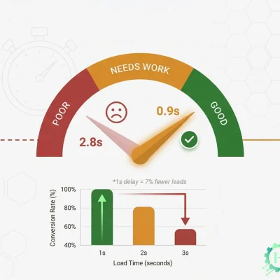 Core Web Vitals 2026 infographic – site speed as ranking multiplier, LCP INP CLS metrics, speed to lead calculator