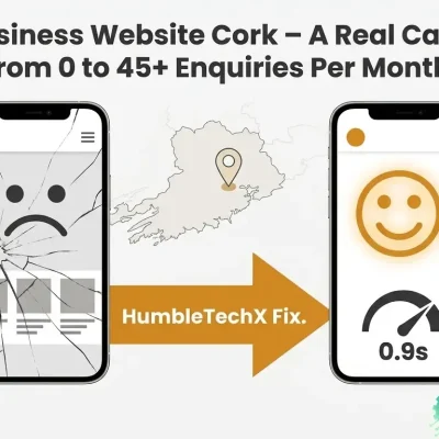 Case study infographic: small business website Cork from 0 to 45+ enquiries per month, load time 0.9 seconds, HumbleTechX fix
